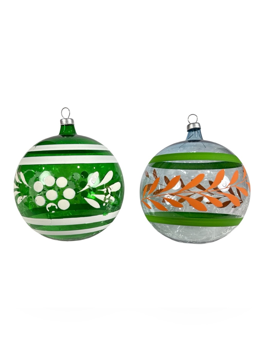 2 Vtg 3" Unsilvered Glass Christmas Ball Ornament Striped Floral Green Colombia